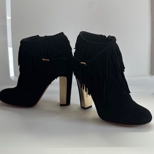 Brian Atwood Black Fringe Heeled Boots